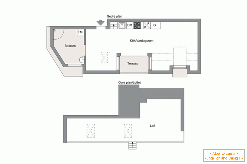 Appartement d'une pièce sur deux niveaux avec une loggia