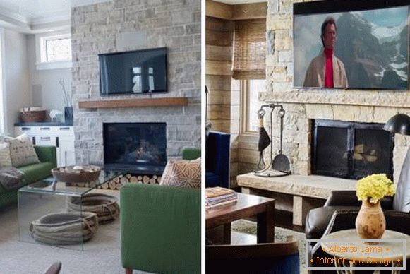 TV au-dessus de la cheminée à l'intérieur du salon - photo avec décoration en pierre