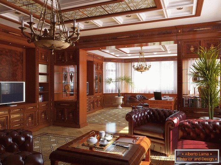 Le salon dans le style anglais est décoré principalement avec l'utilisation de bois noble.