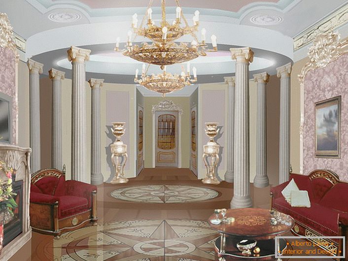 Majestueux meubles en bois massif avec des meubles rembourrés luxueux et une petite table basse dans le style baroque des chambres bien aménagées.