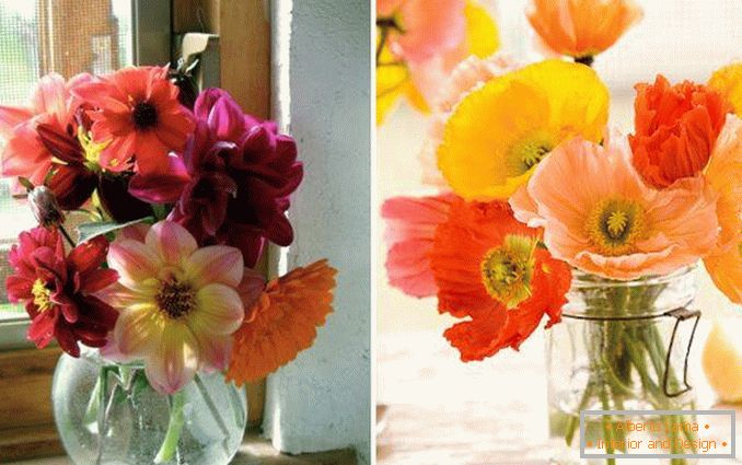 Bouquets dans un vase en verre transparent