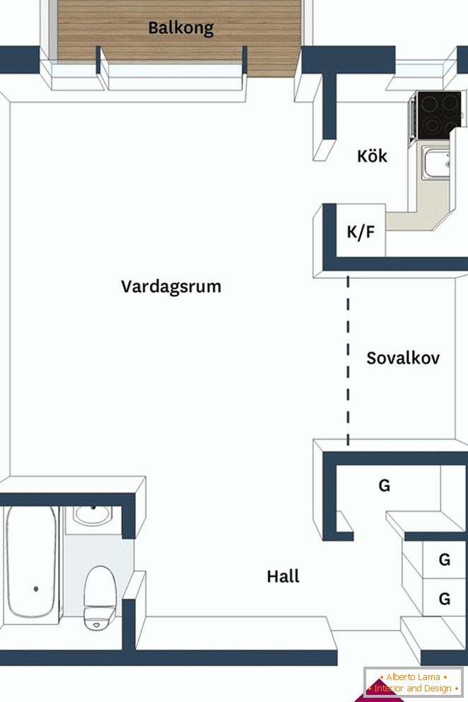 Appartement de 29 mètres carrés avec de hauts plafonds à Göteborg