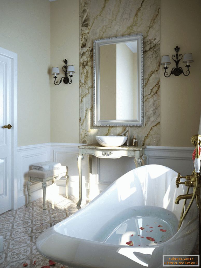 contemporary-petite salle de bains design-with-cool-wall-lamps-and-vertical-framed-wall-mirror-above-classic-antique-wooden-washbasin-also-elegant-white-gloss-acrylic-soaking-tub-be-equipped-solid-brass-port