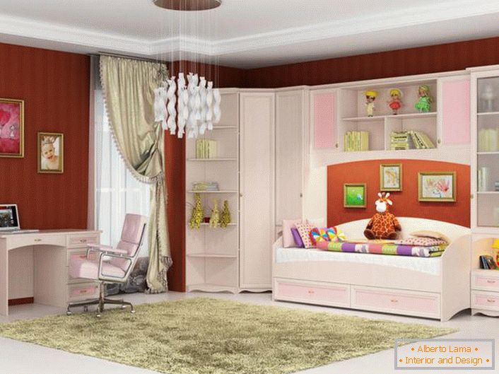 Une chambre élégante pour une jeune fashionista. Les meubles modulaires pour enfants sont fabriqués en rose et en blanc - ce dont vous avez besoin pour une fille.