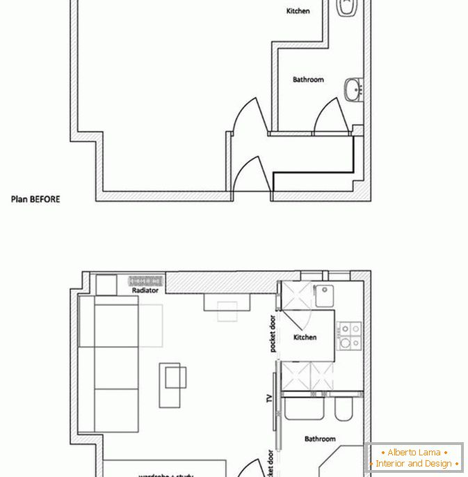 Plan d'un petit appartement avant et après réparation