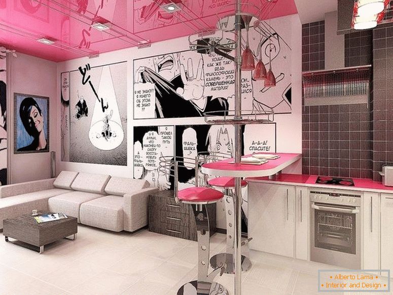 Plafond rose à l'intérieur dans le style du pop art