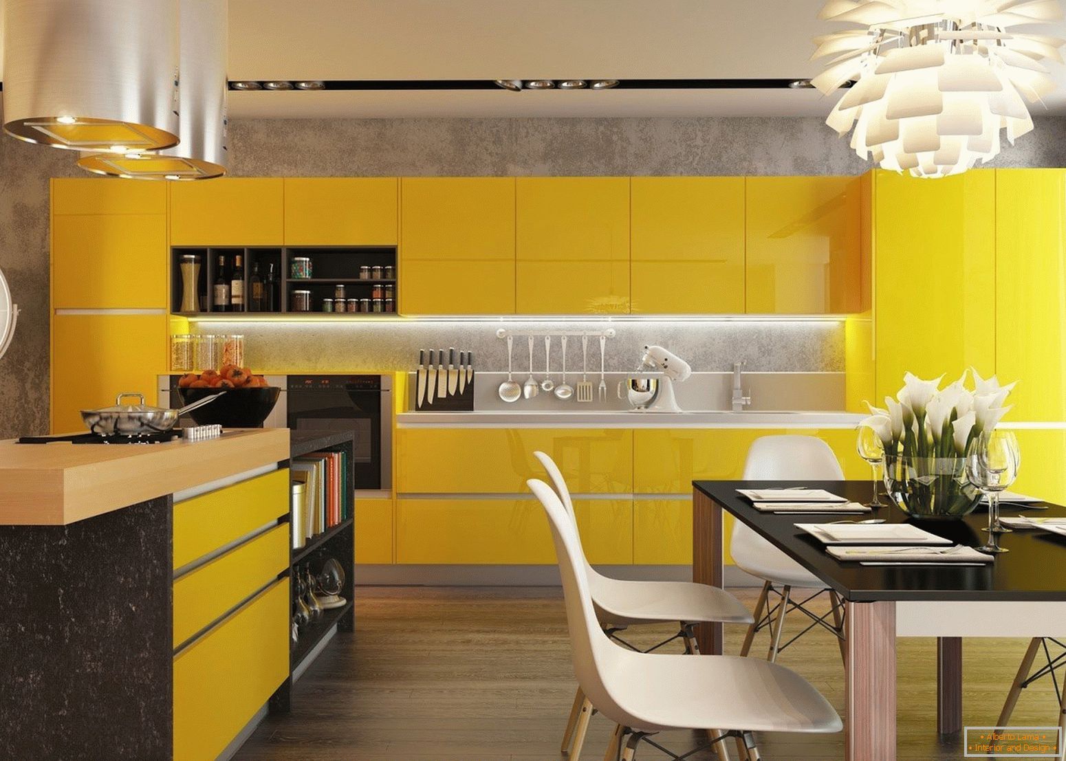 Cuisine с желтыми фасадами и черным столом