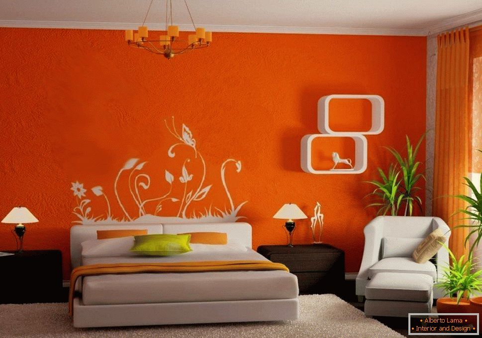 La combinaison de murs orange et de meubles blancs